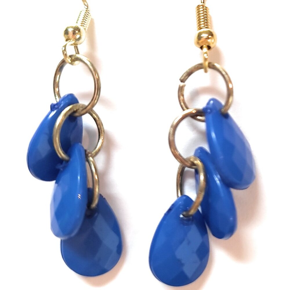 Blue Solid Faceted Triple Teardrop Earrings